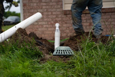 Exterior drainage being installed near a home's foundation.