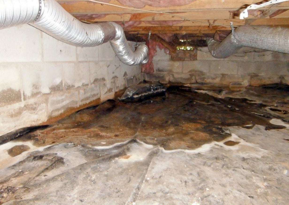 water collecting in a crawl space corner