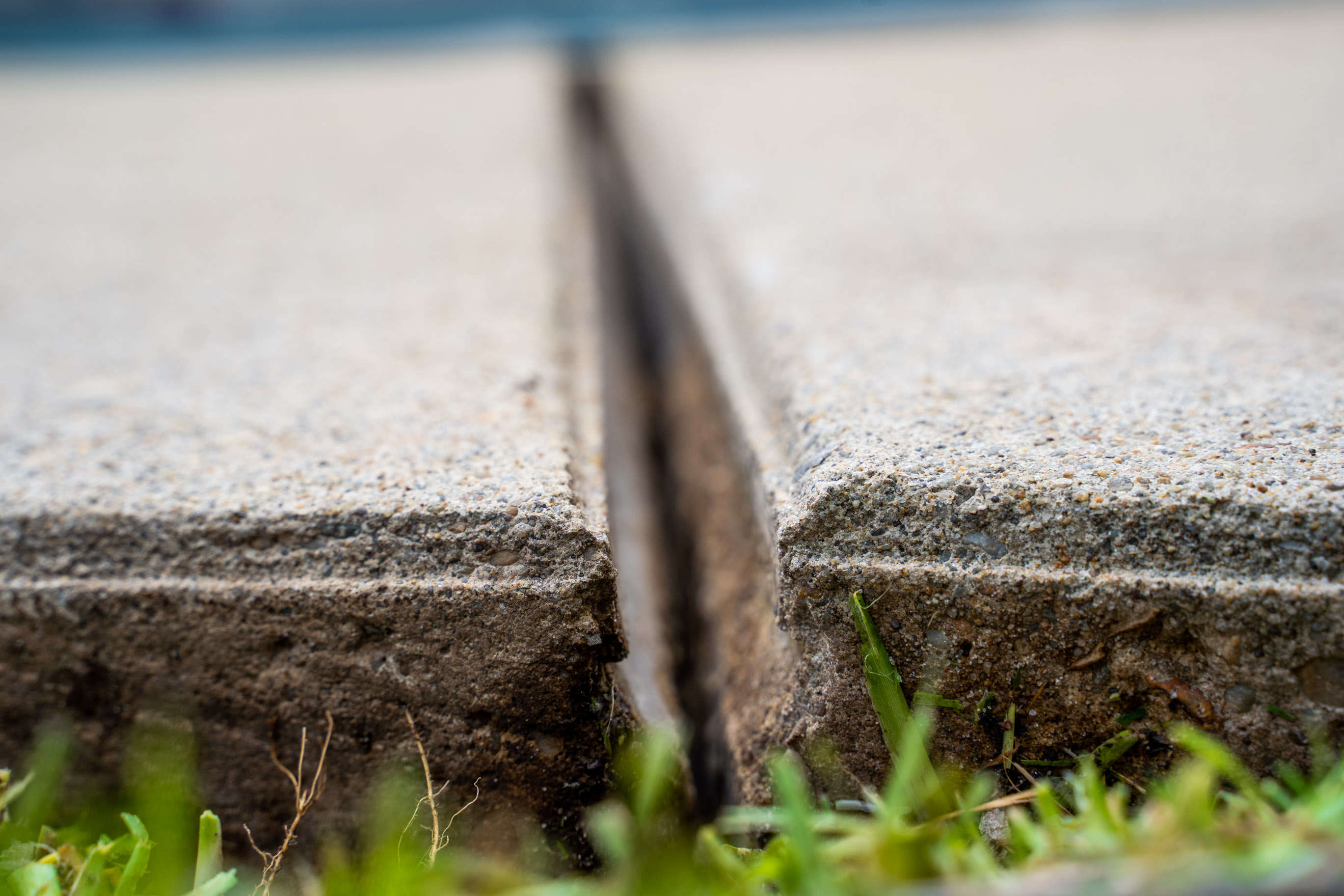 Grass growing through uneven driveway slabs