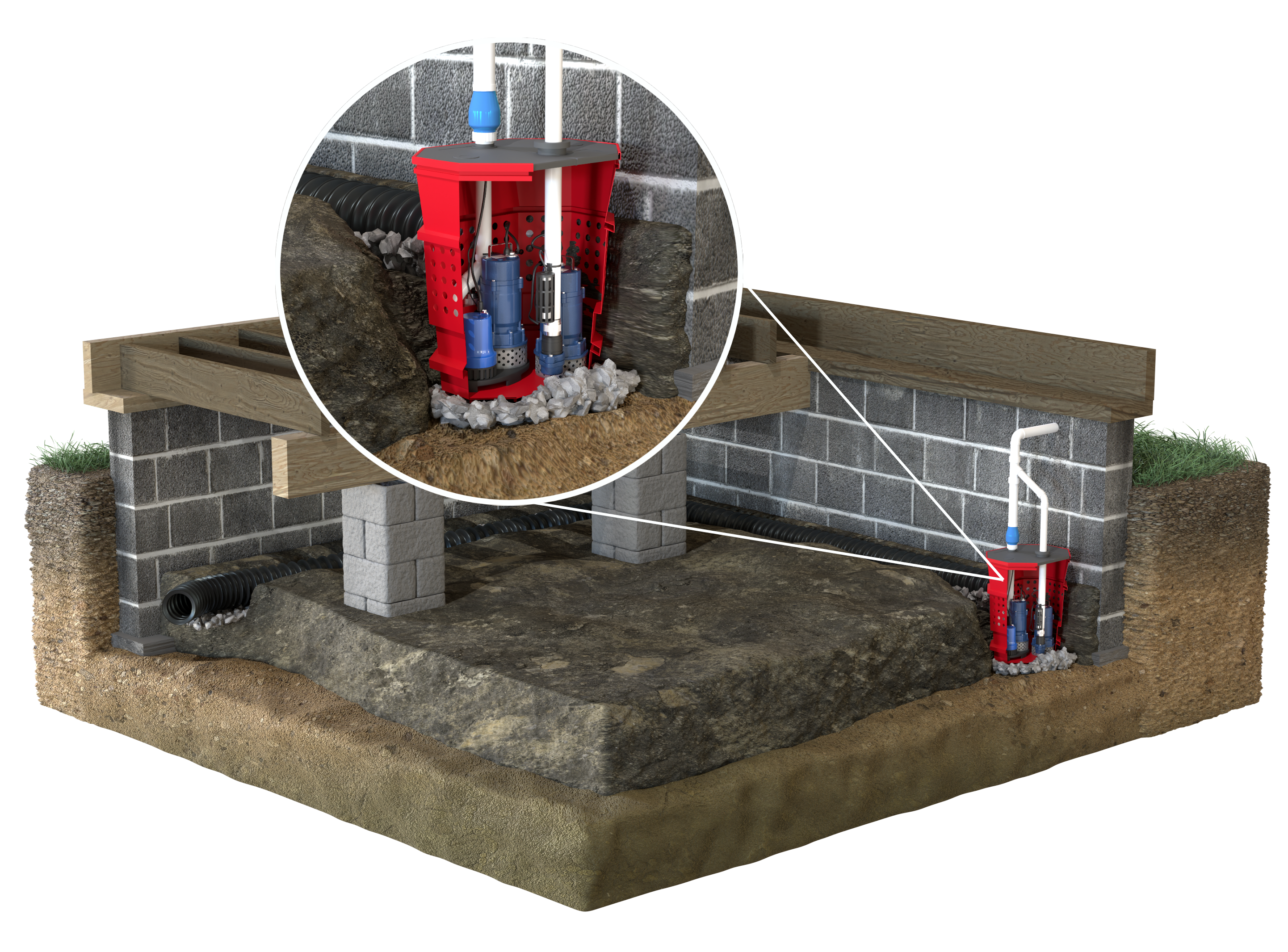 3D rendering of a sump pump installed in a crawl space with other encapsulation solutions