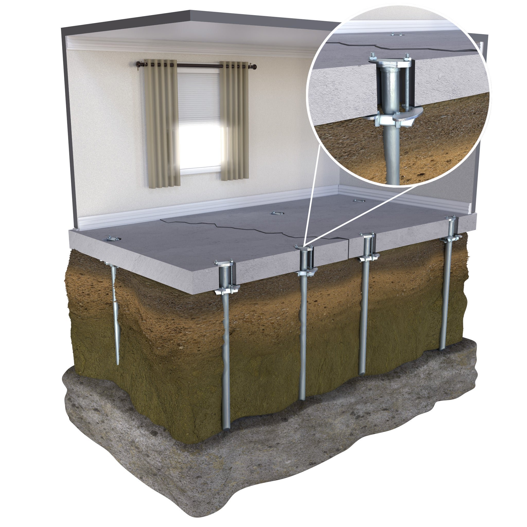 3D rendering of installed slab piers, with a close-up of the pier cap