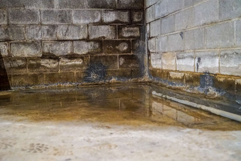 Leaking basement in corner.