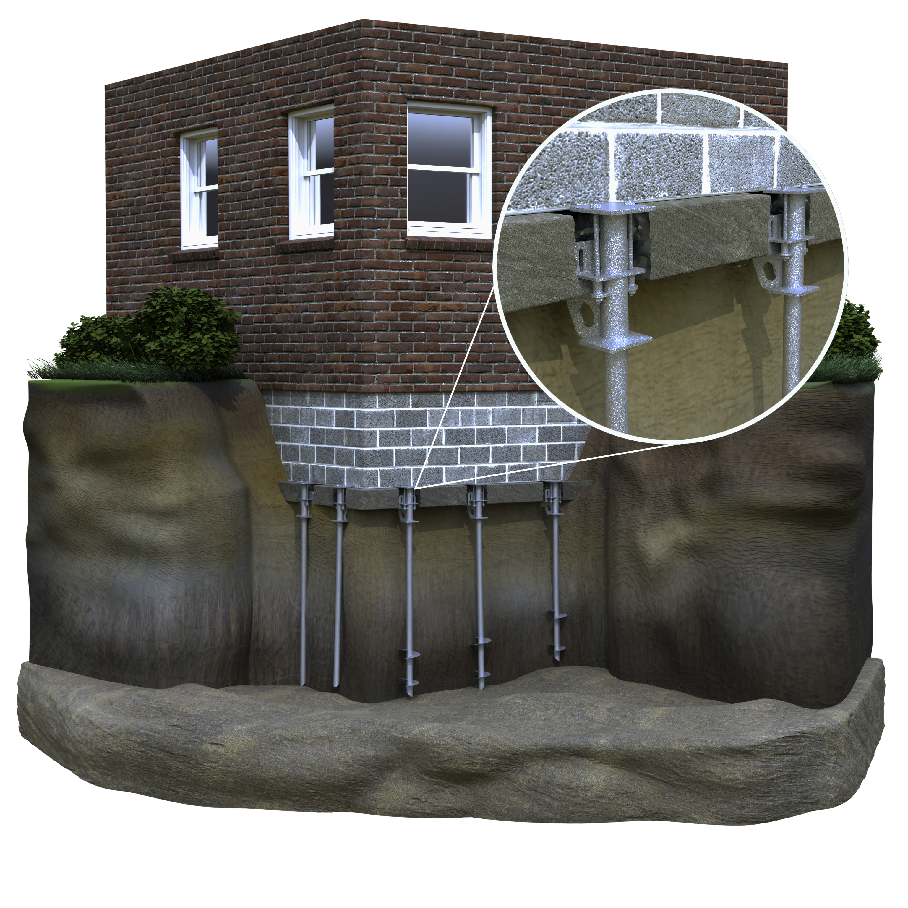 3D rendering of helical piers and push piers installed under a home's foundation, with a close-up of the foundation bracket and pier cap