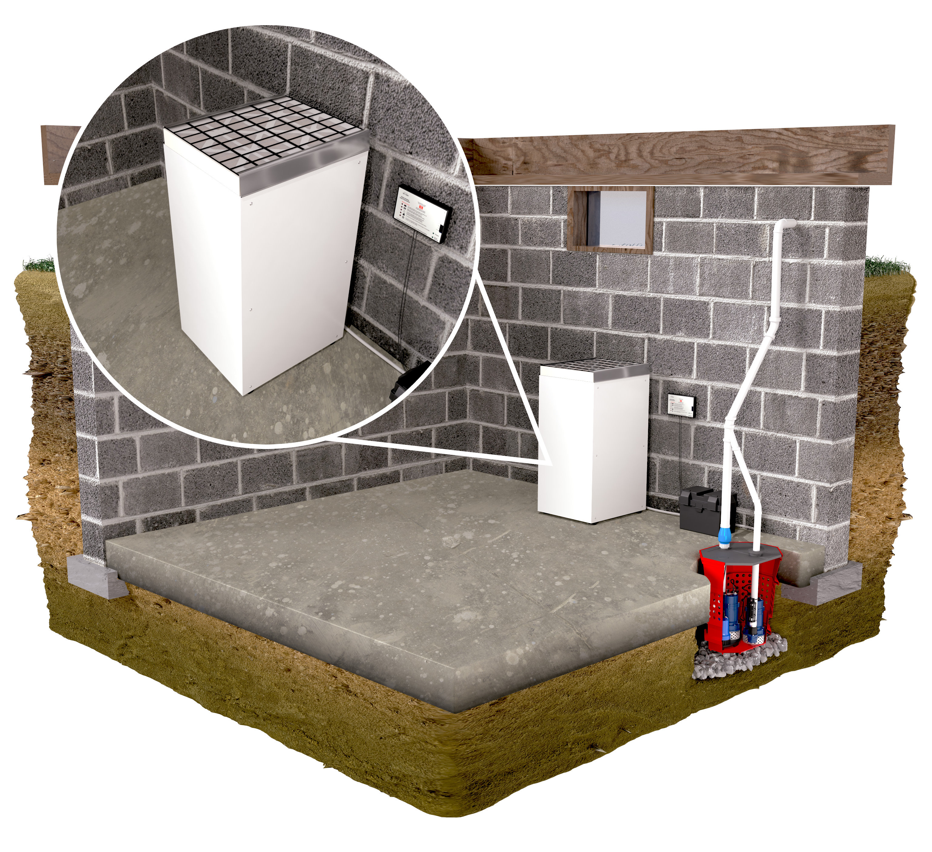 A 3D render of a basement dehumidifier system.
