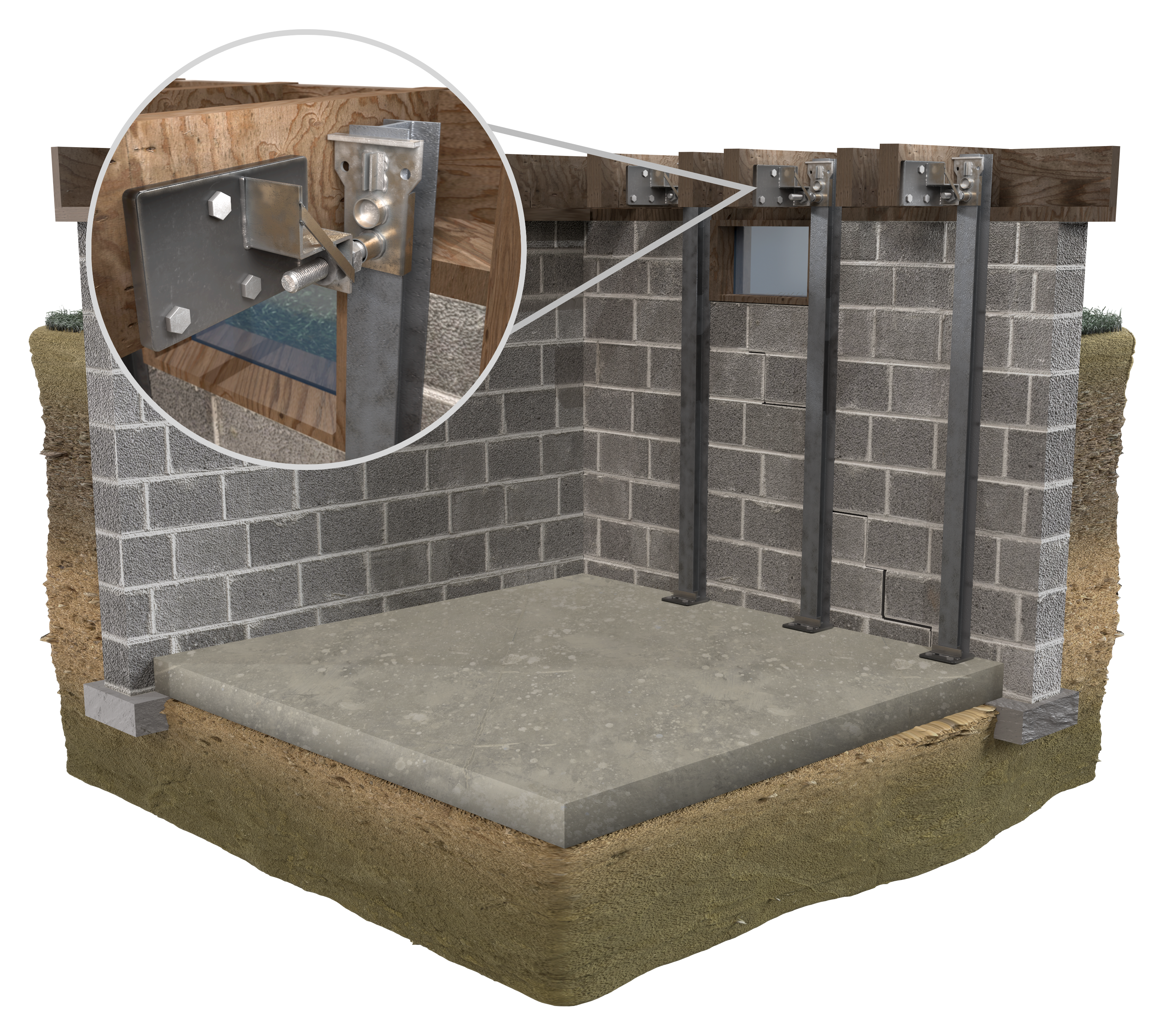 3D rendering of intellibrace beams installed on a basement wall