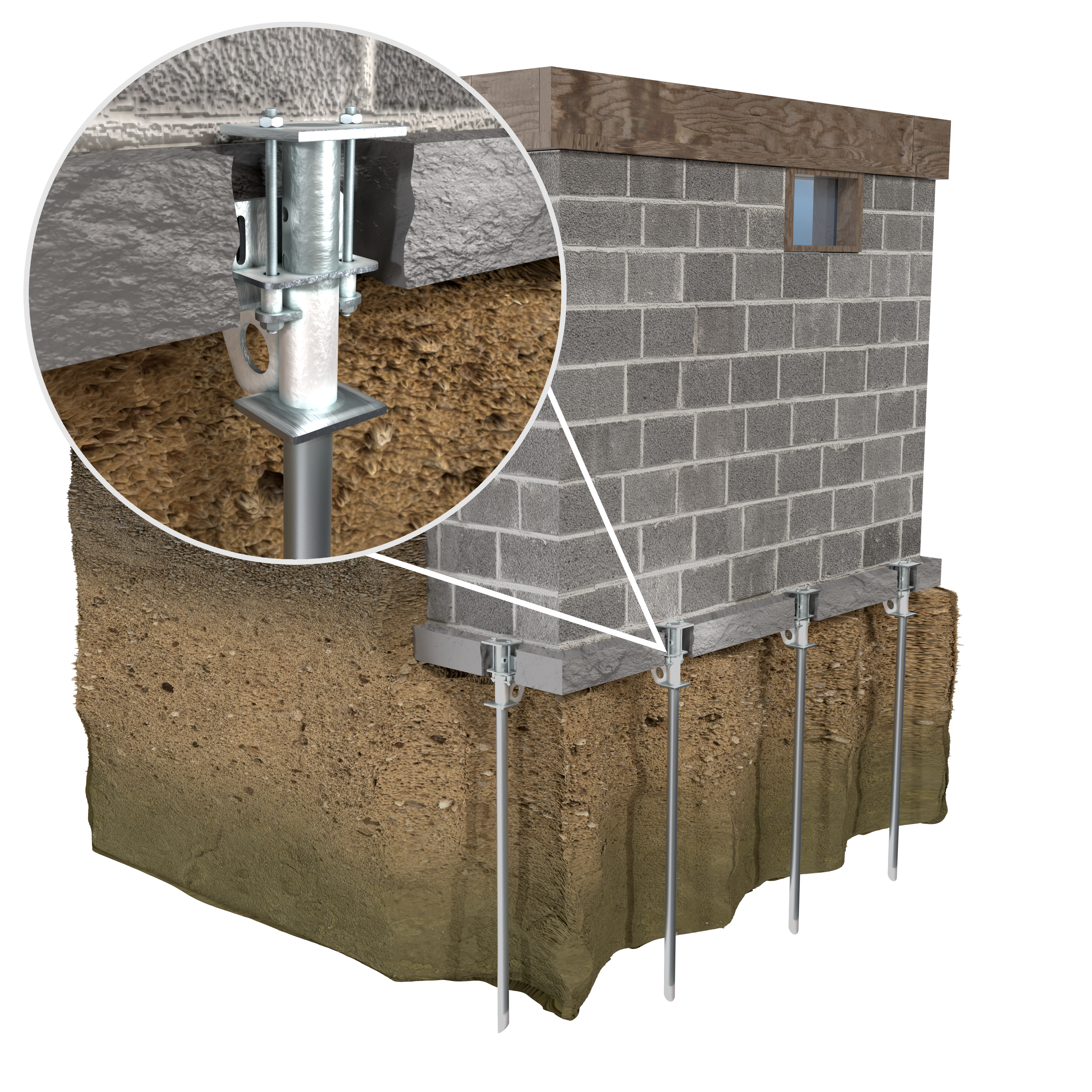 3D rendering of push piers installed under a house