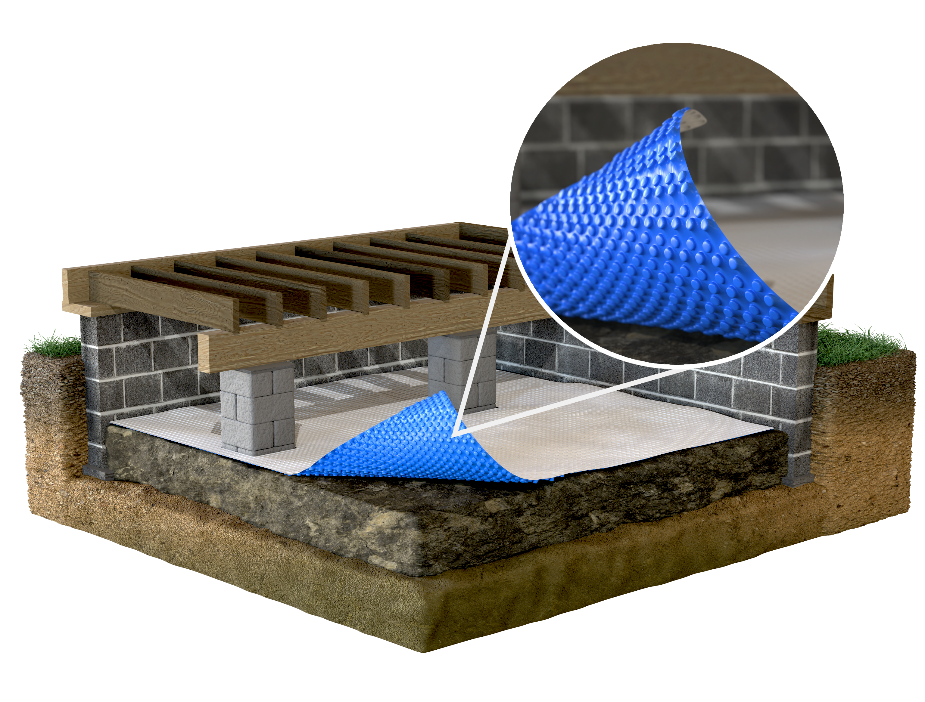 3D rendering of drainage matting installed on a crawl space floor with a closeup of the blue dimpled underside