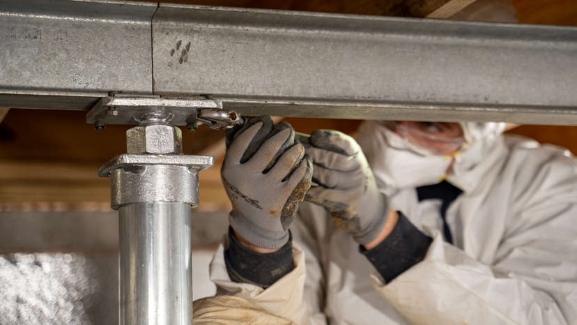 crew member installing a crawl space jack