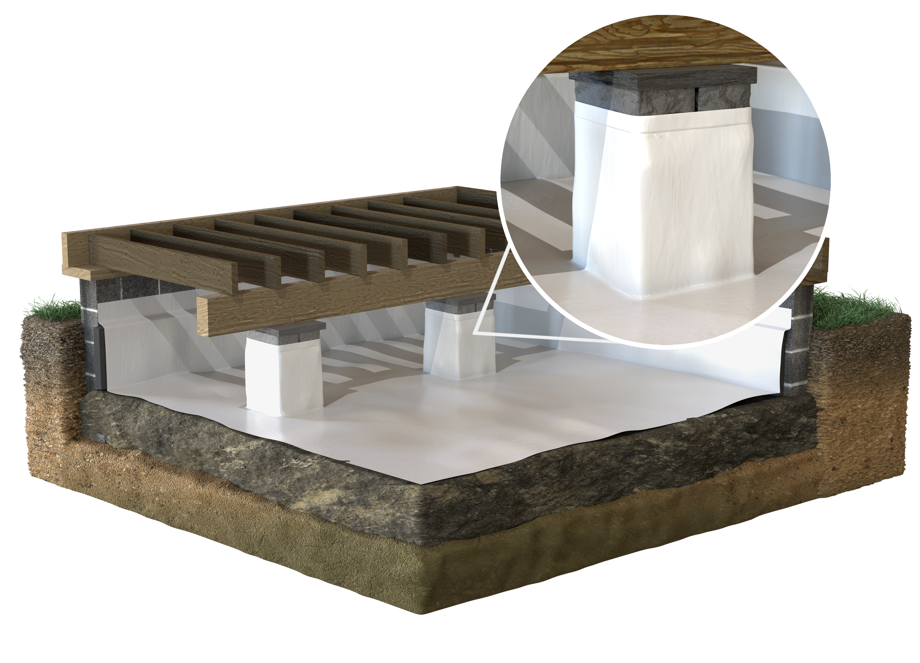 3D rendering of a crawl space encapsulated with a vapor barrier with a closeup of a wrapped pillar