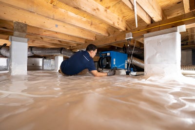 crew member installing a crawl space dehumidifier
