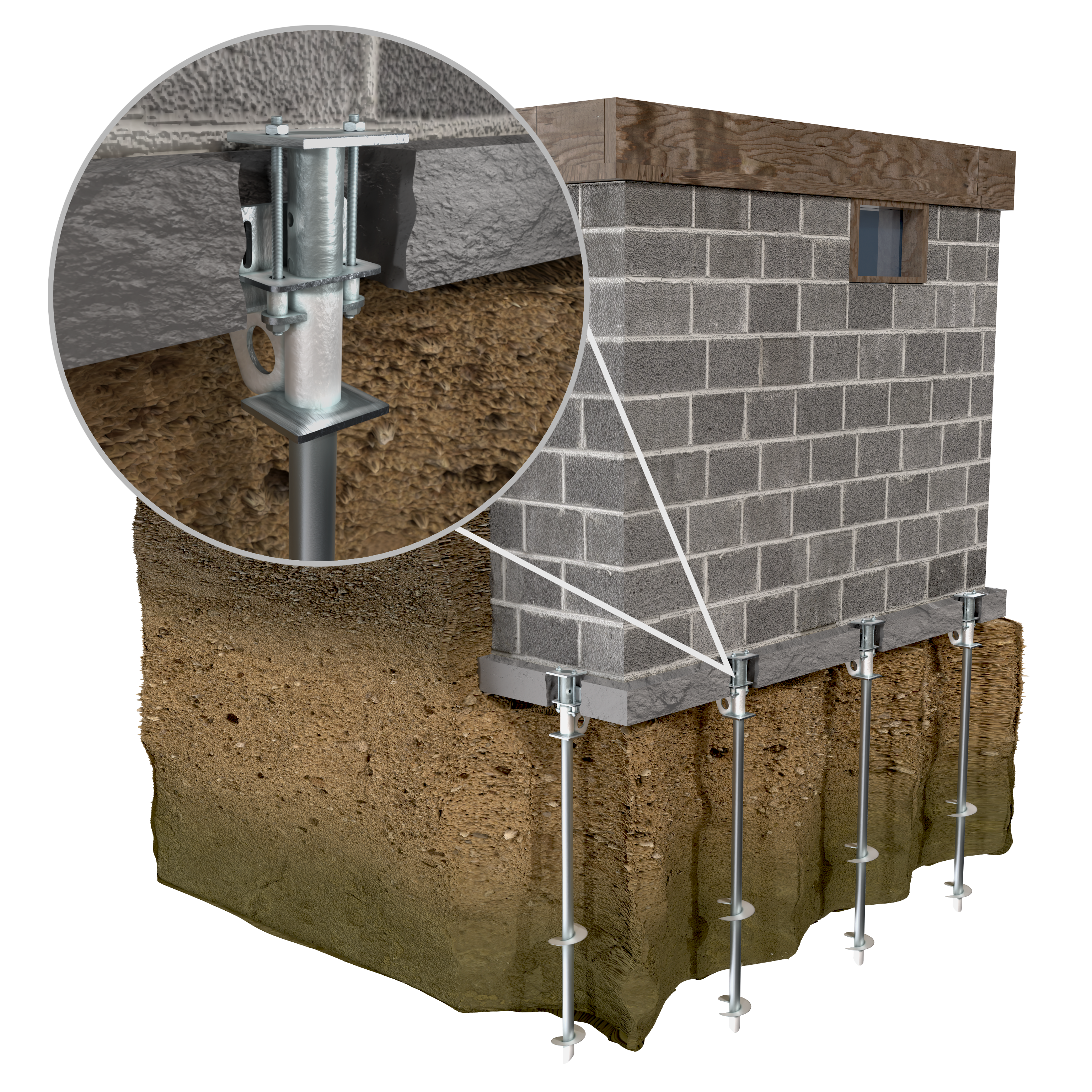 3D rendering of helical piers installed under a house