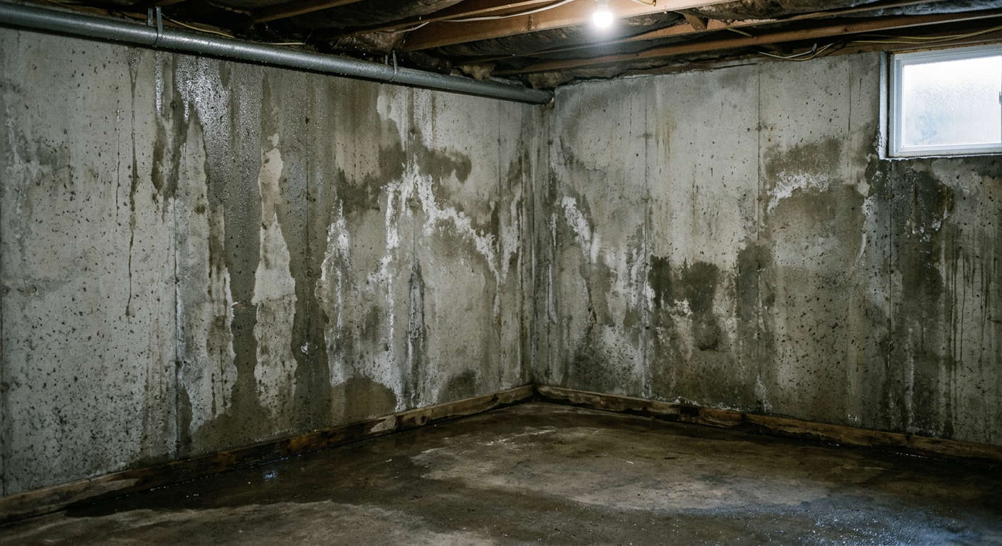 damp and humid basement wall