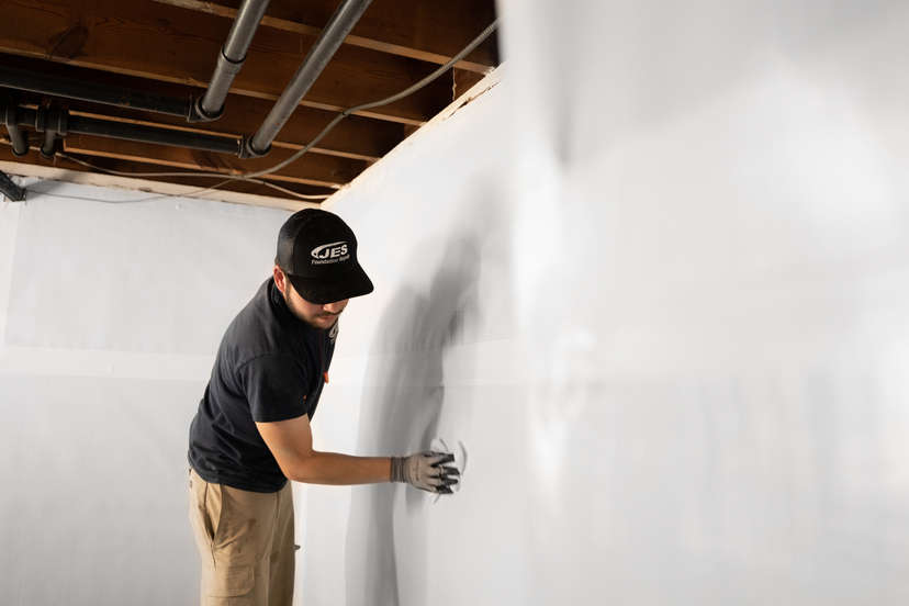 JES installer wiping down a basement wall with a rag.