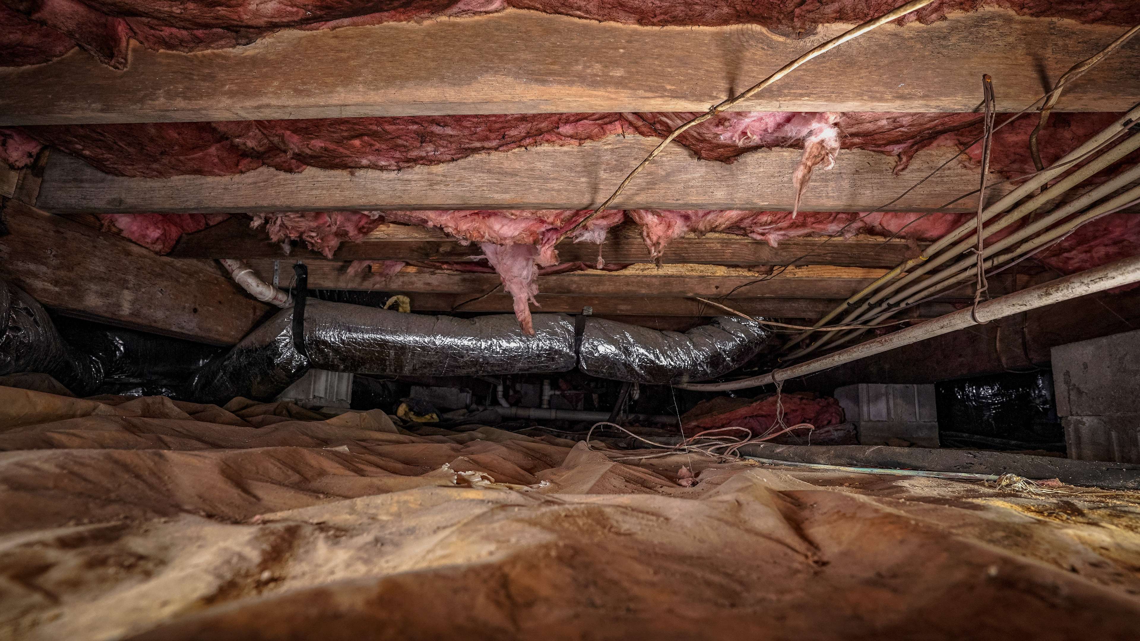 humid crawl space with failing insulation and vapor barriers