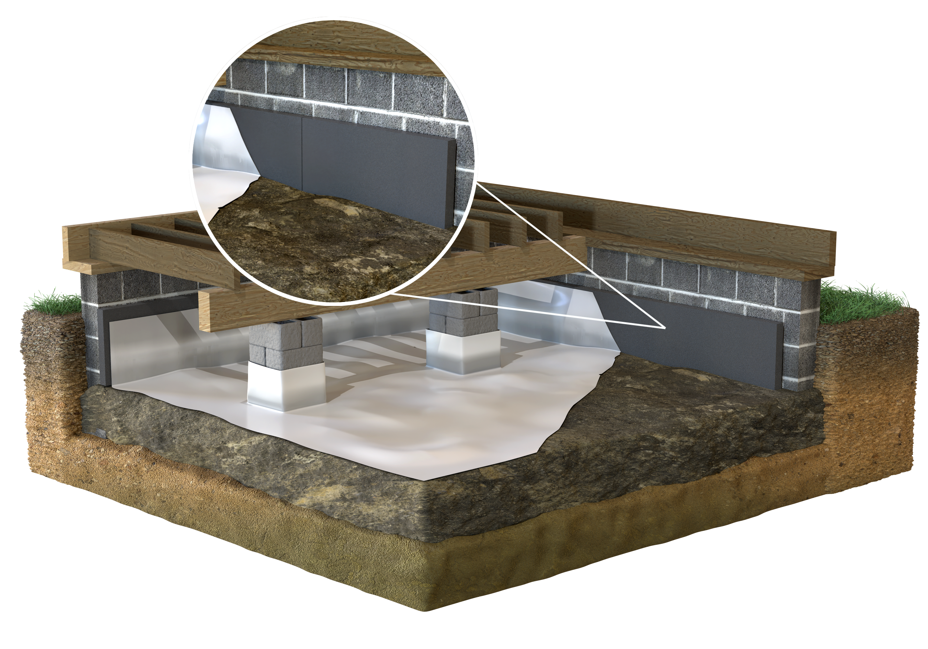 3D rendering of ExTremeBloc installed in an encapsulated crawl space