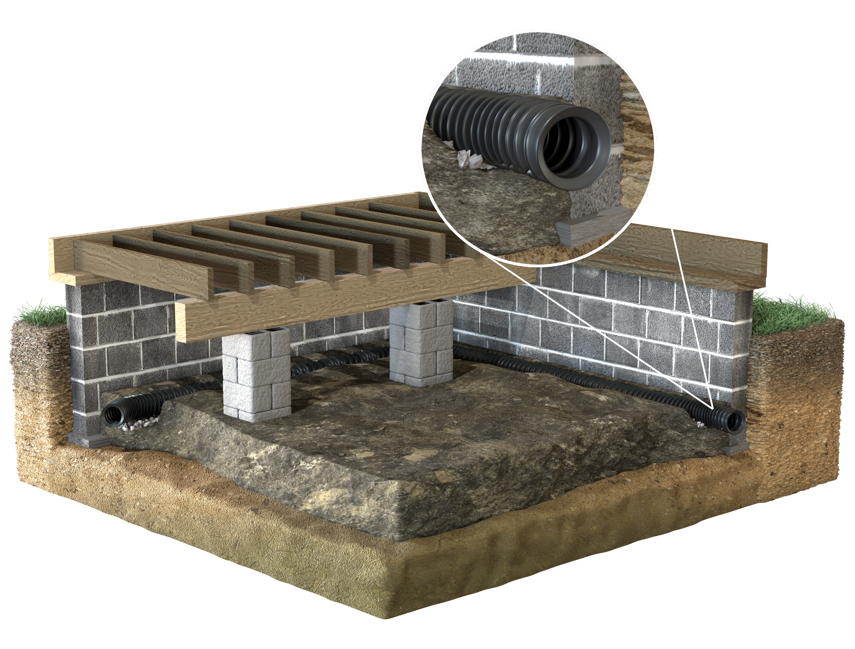 3D rendering of CrawlDrain installed in a crawl space