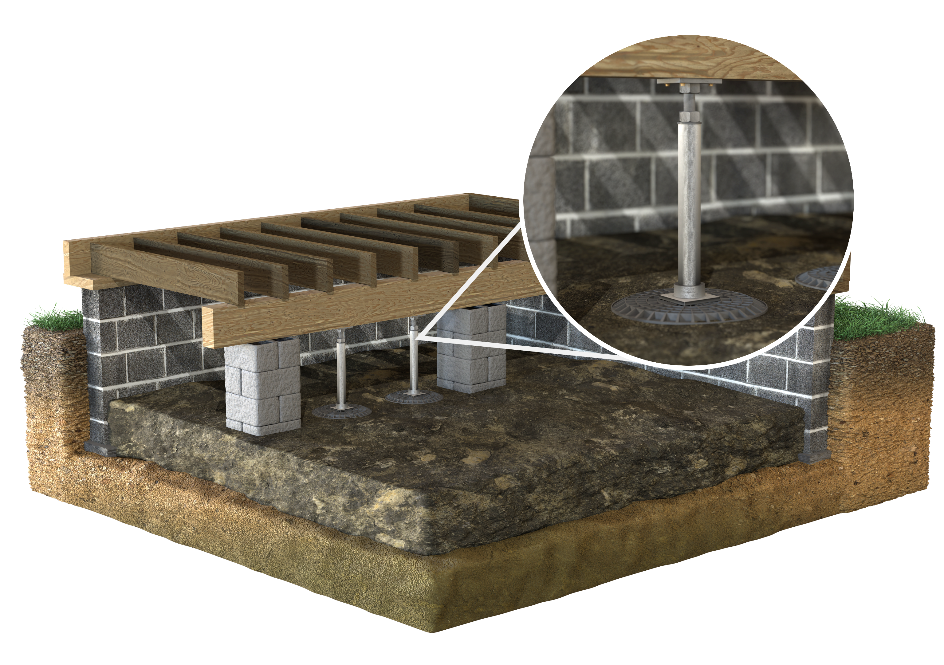 3D rendering of a crawl space jack installed in a crawl space