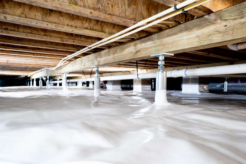 Crawl space support beams installed in and encapsulated crawl space.