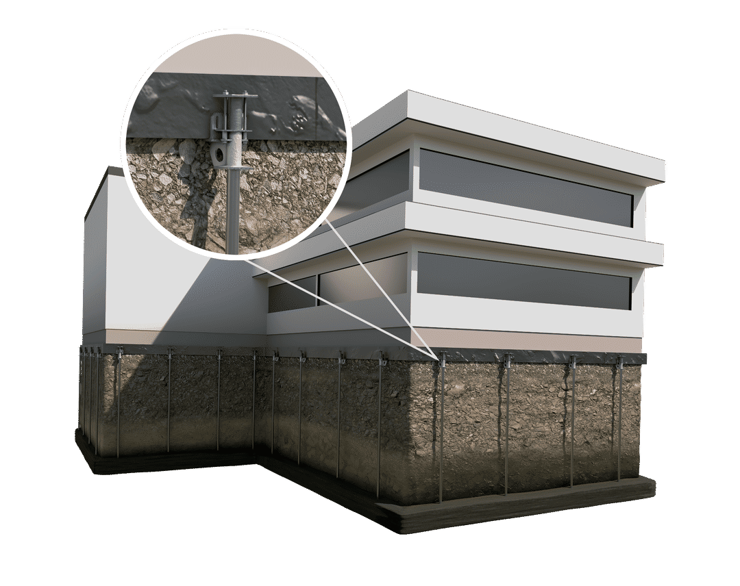 3D rendering with a closeup of piers installed under a commercial building