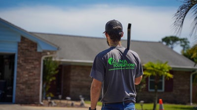 Alpha employee with tool over shoulder.