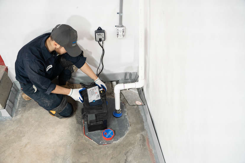 man installing basement sump pump