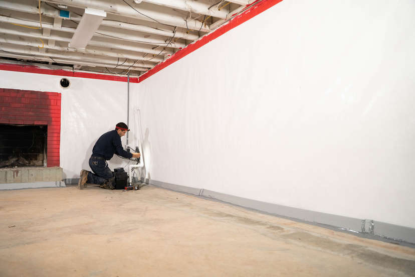 Basement walls with vapor barrier on them and a JES tech installing a basement sump pump