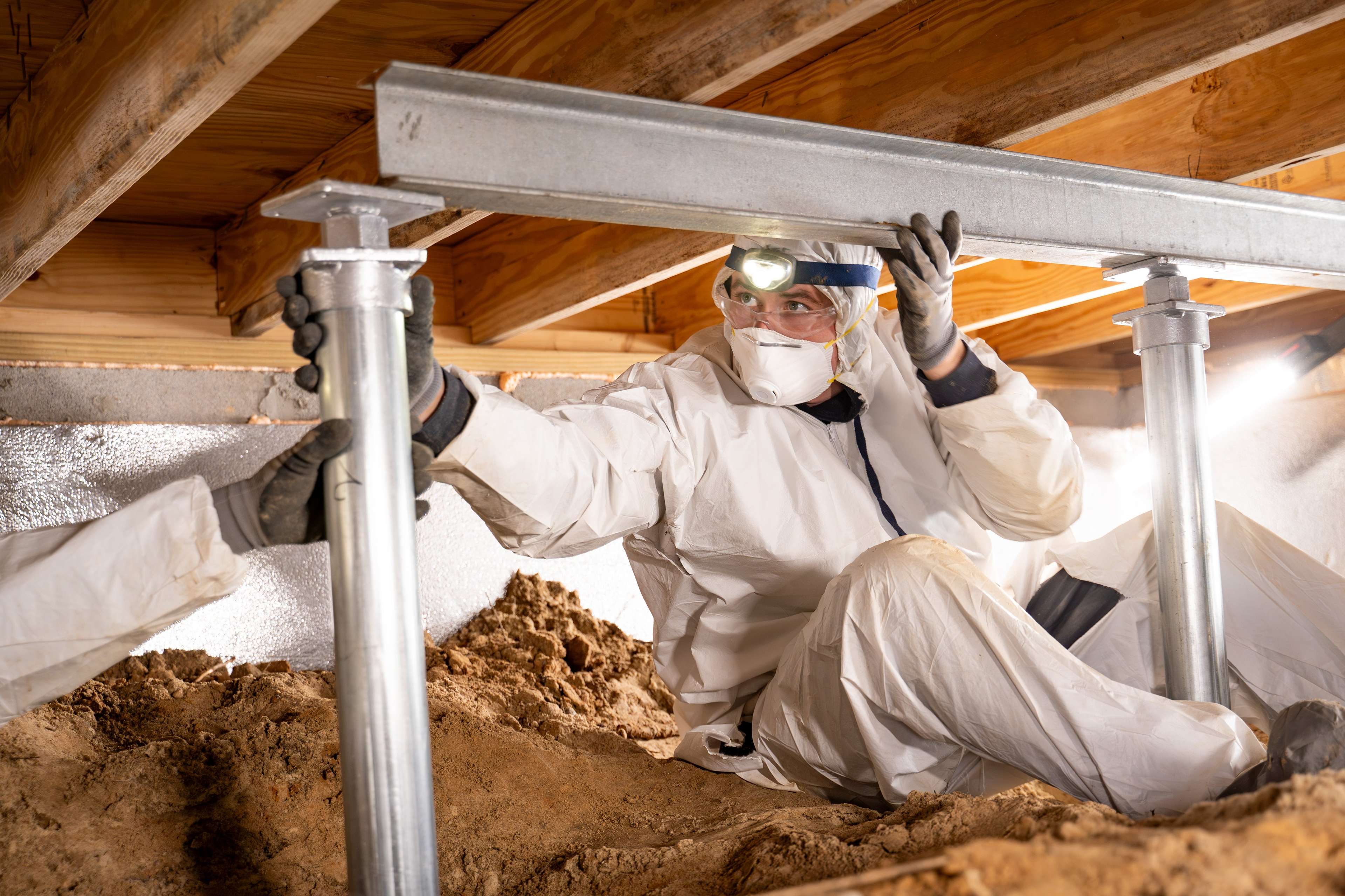 crew members install crawl space jacks in a crawl space