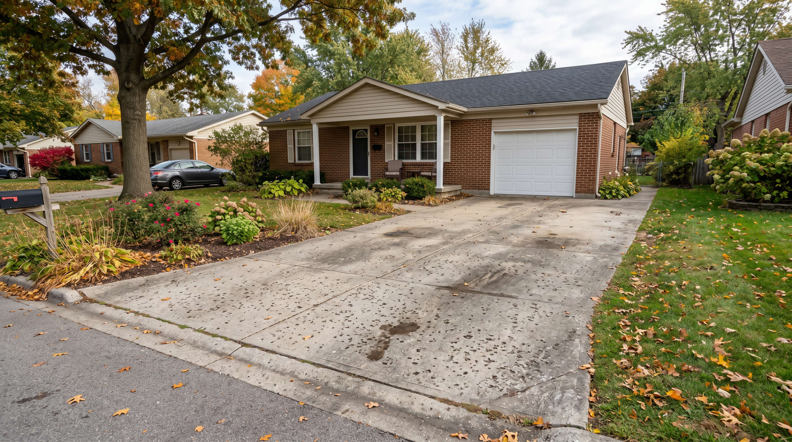 driveway with cracking, flaking, and stained concrete