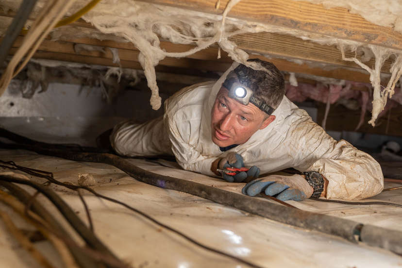 inspector looking at damaged crawl space insulation