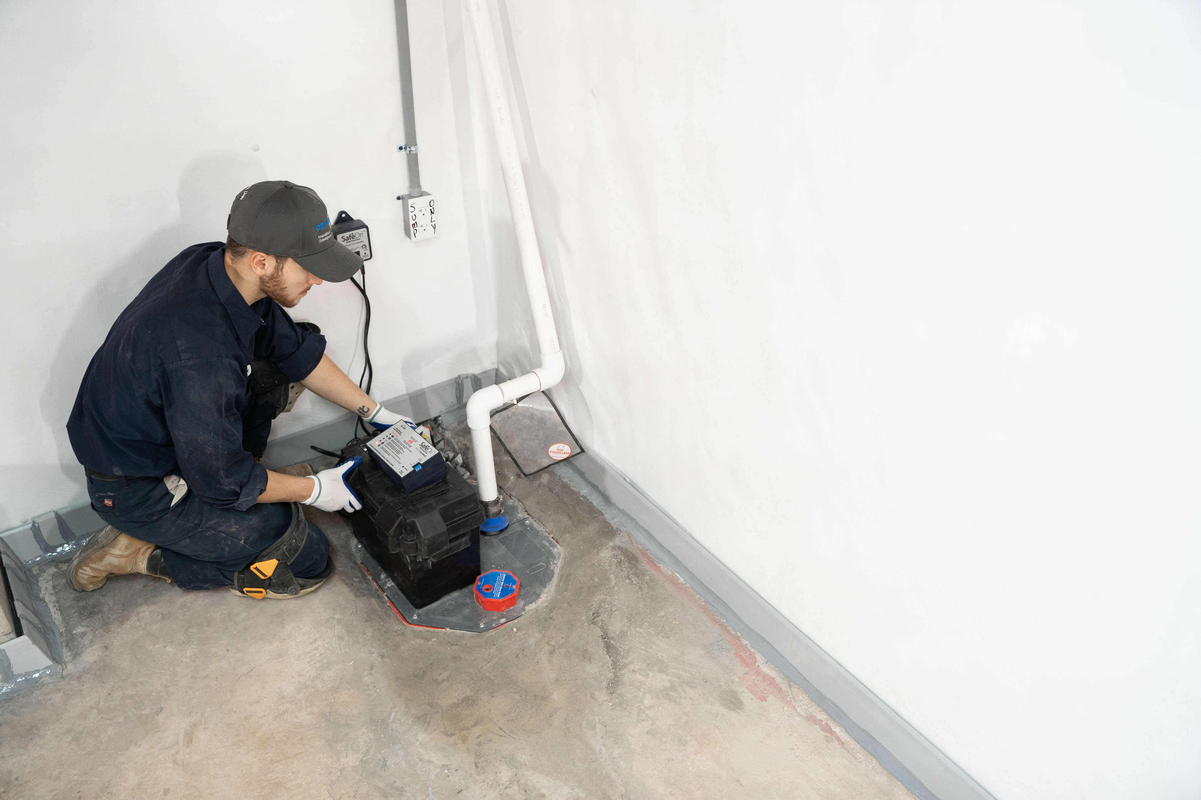 JES Foundation Repair inspector installing a sump pump in basement