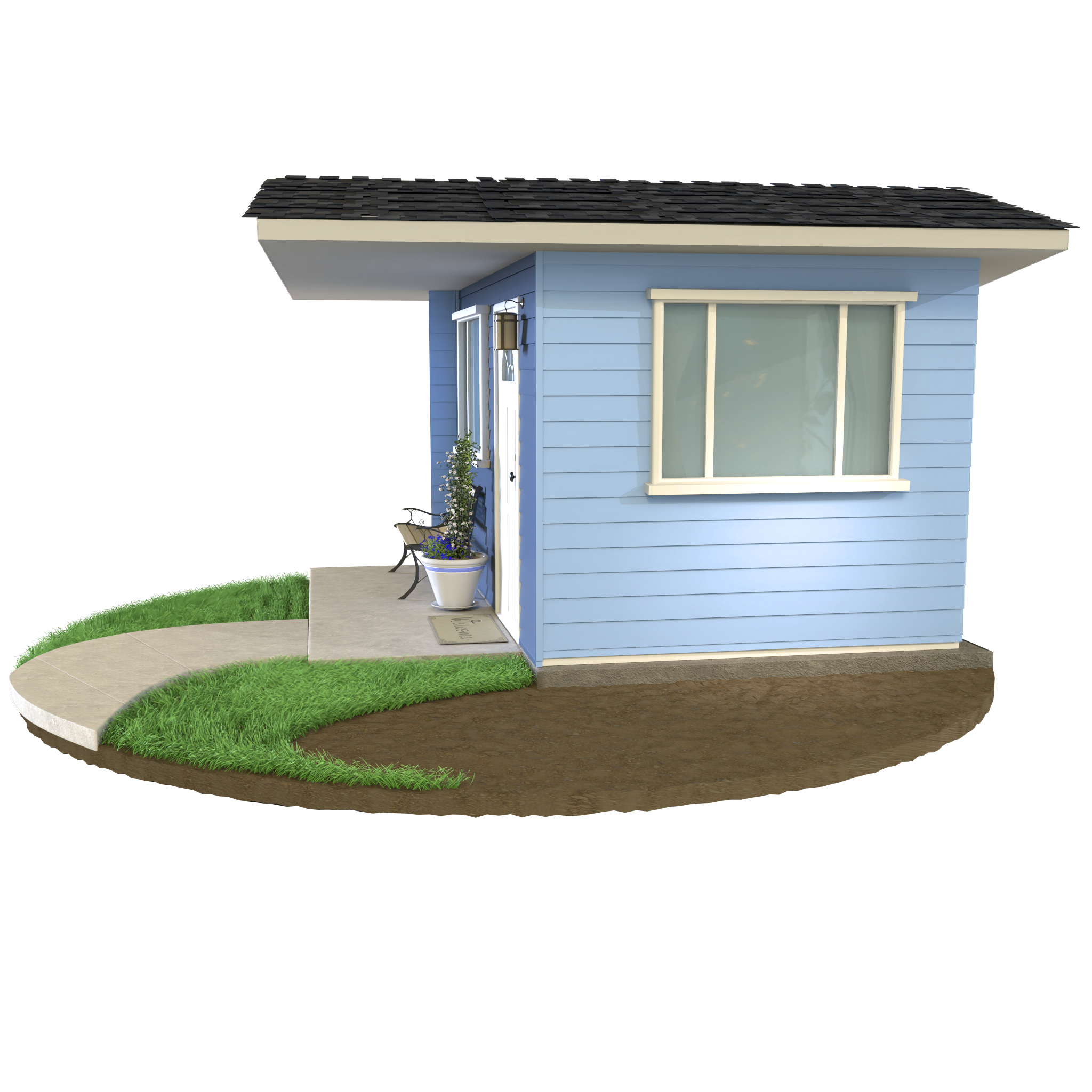 3D image of the side of a home built on a slab foundation