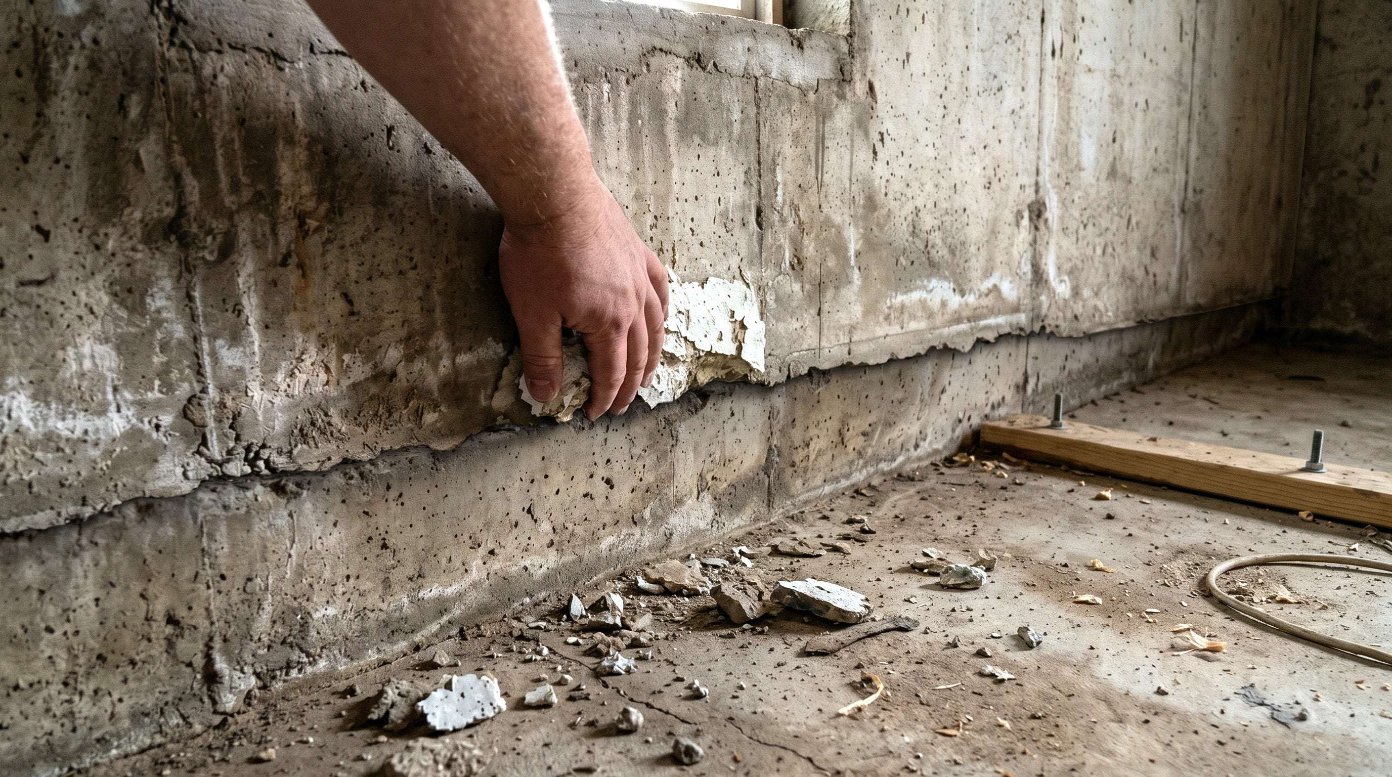 a person's hand moving over the bottom portion of a basement wall with damage