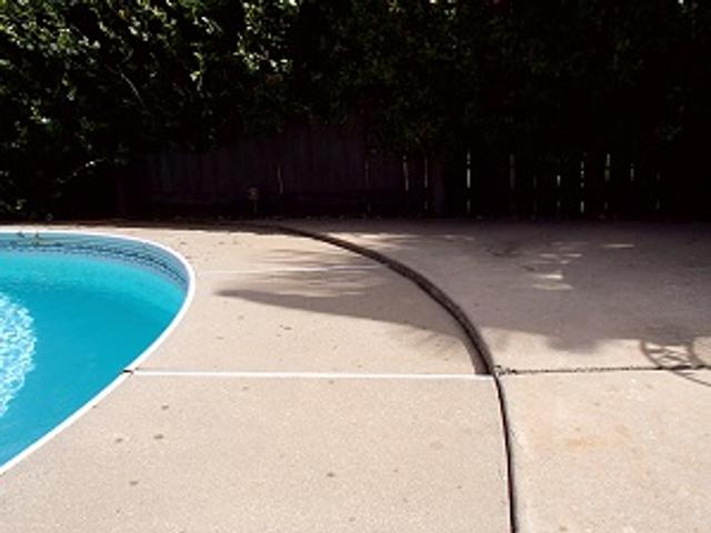 Curved edge of a swimming pool with a concrete deck and a wooden fence in the background.