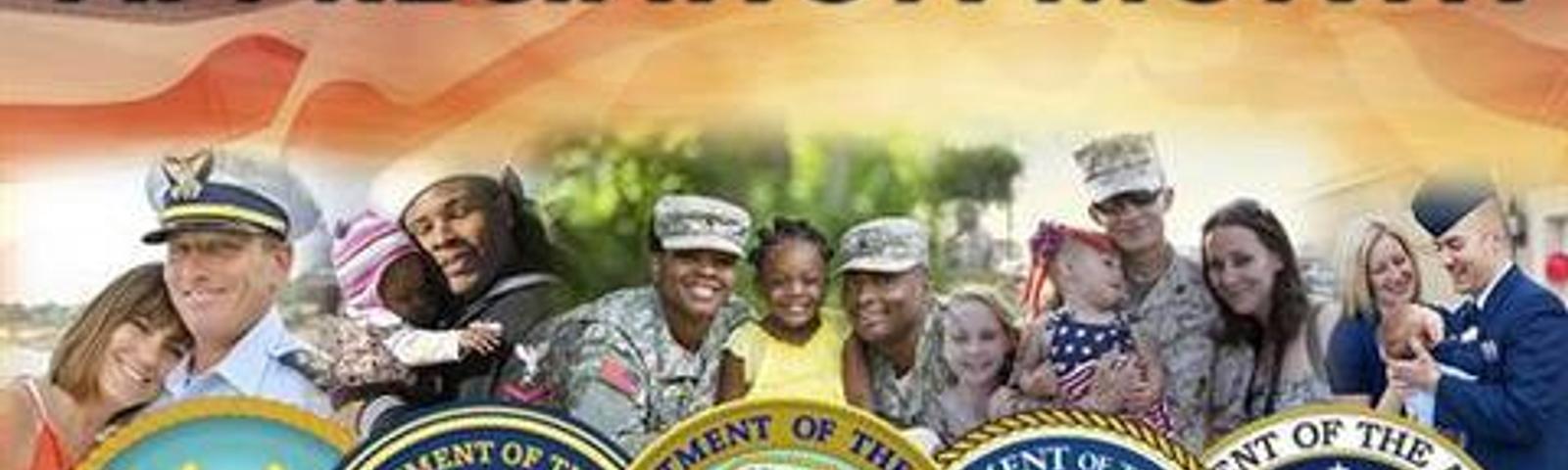 Collage of military families with US military branch emblems and "Military Family Appreciation Month" text.