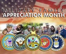 Collage of military families with US military branch emblems and "Military Family Appreciation Month" text.