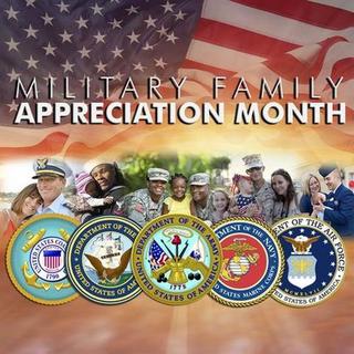 Collage of military families with US military branch emblems and "Military Family Appreciation Month" text.