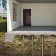 Cross-section of a room with a door, window, and helical piers supporting the foundation.