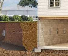 Cutaway diagram showing foundation repair with wall anchors in a house basement.