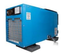 Blue industrial dehumidifier on a white background.