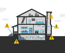 5 warning signs of a foundation problem on an animated home.