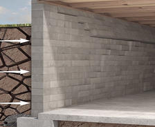 Animation of soil causing cinderblock basement wall to bow.