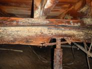 Rusted metal brace supports damaged and moldy wooden beam in a basement.