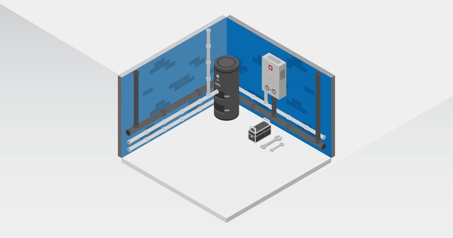 Animated basement with water heater and tools.