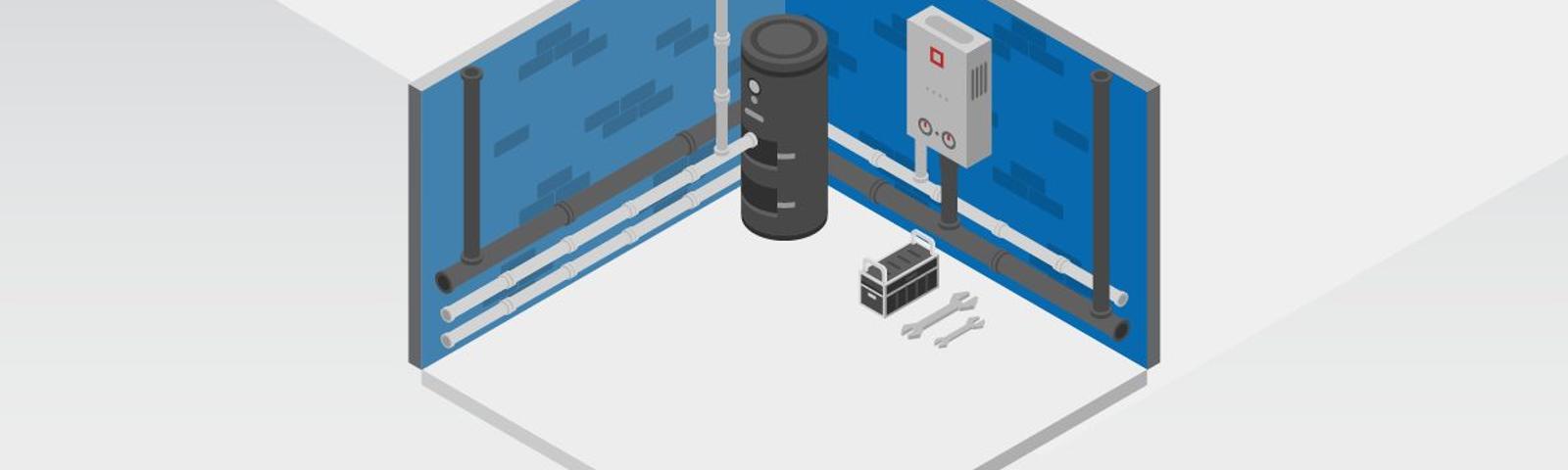 Animated basement with water heater and tools.