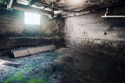 Dirty and moldy basement with insulation hanging.