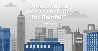 Illustration of a rainy city skyline with the text "What Are the Worst U.S. Cities for Rainfall?