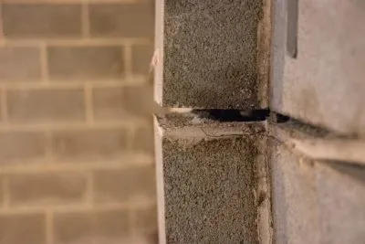 Cinderblock bowing wall with gap.