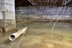 Standing water in crawlspace with dirty pipes.