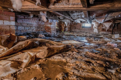 A damp, cluttered crawl space under a house, with exposed insulation and a small window.