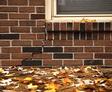 Crack in brick wall beneath a window with autumn leaves scattered on the ground.